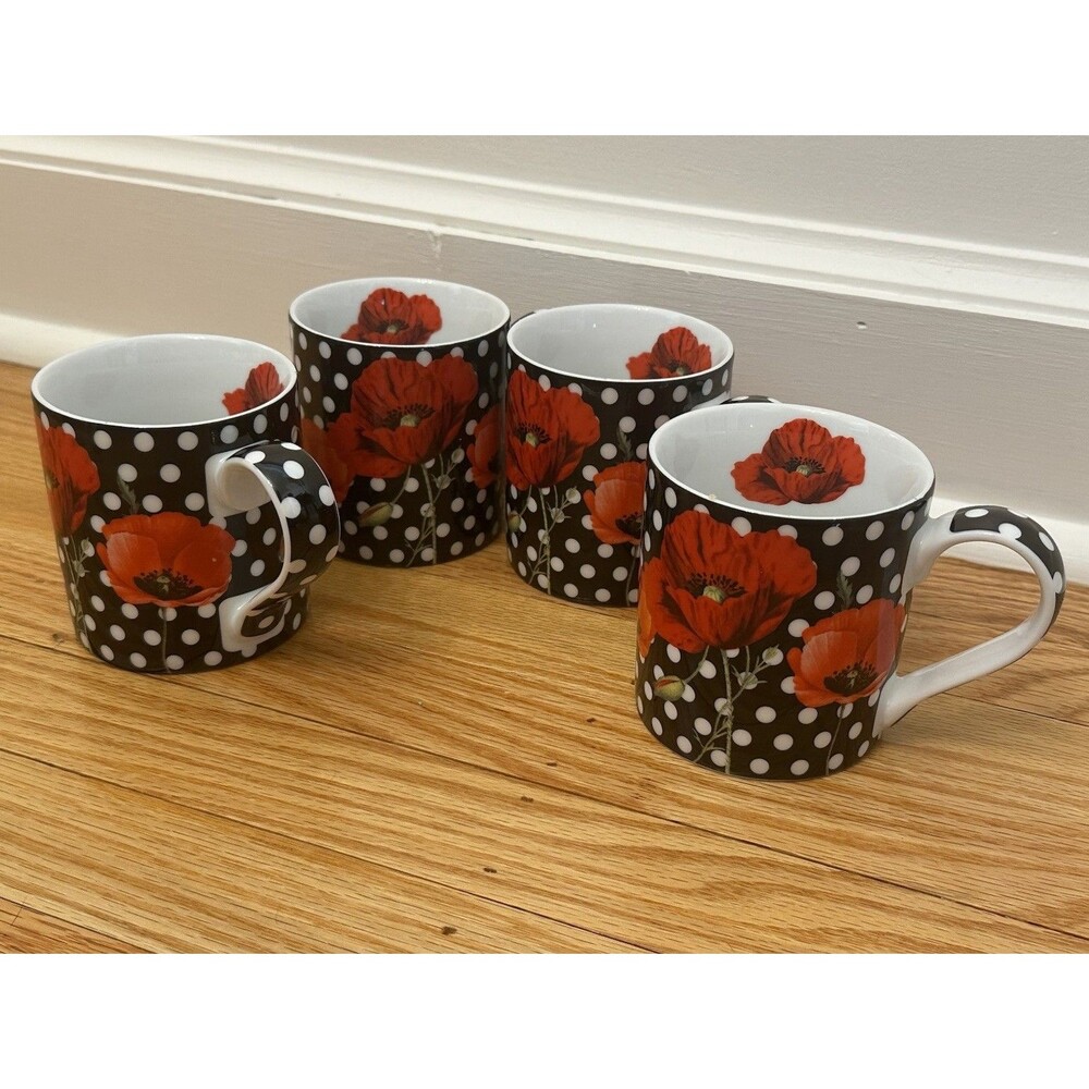 Konitz Mugs Madame Petite Set of 4 Dots Black White Red Poppy Flowers Germany